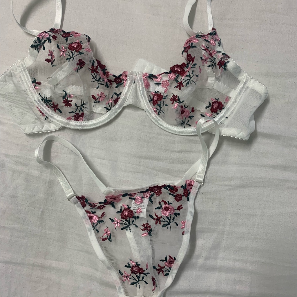 Floral Embroidered Sheer Bra And Panty Set - White And Pink